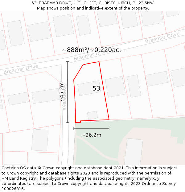 53, BRAEMAR DRIVE, HIGHCLIFFE, CHRISTCHURCH, BH23 5NW: Plot and title map