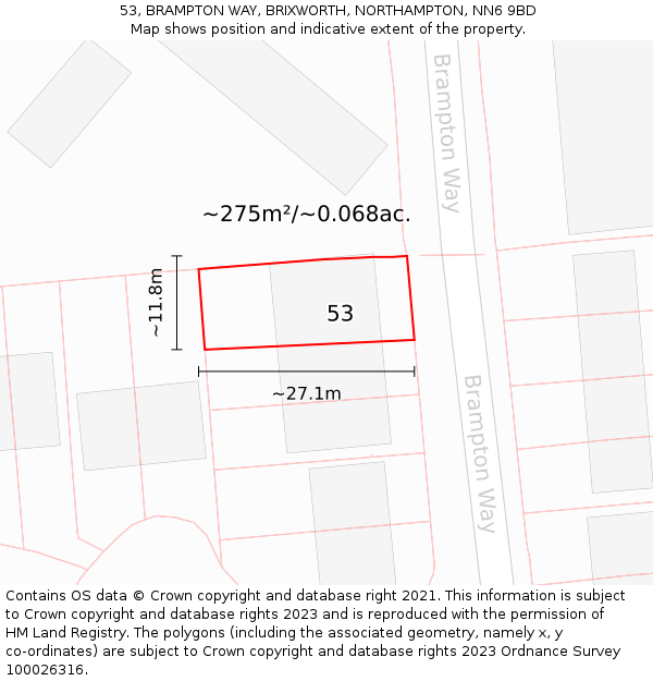 53, BRAMPTON WAY, BRIXWORTH, NORTHAMPTON, NN6 9BD: Plot and title map