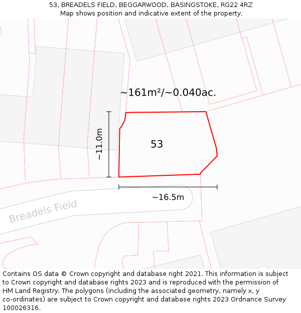 53, BREADELS FIELD, BEGGARWOOD, BASINGSTOKE, RG22 4RZ: Plot and title map