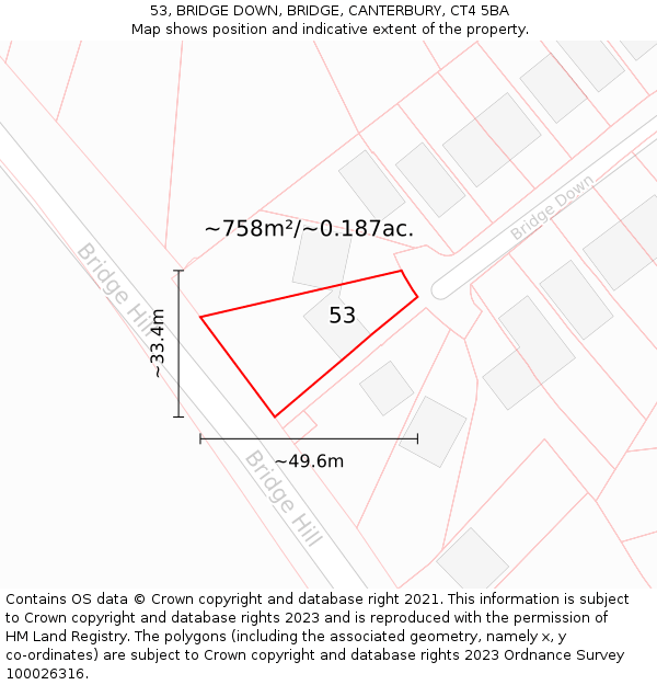 53, BRIDGE DOWN, BRIDGE, CANTERBURY, CT4 5BA: Plot and title map
