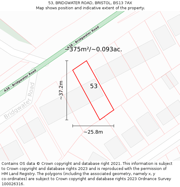 53, BRIDGWATER ROAD, BRISTOL, BS13 7AX: Plot and title map