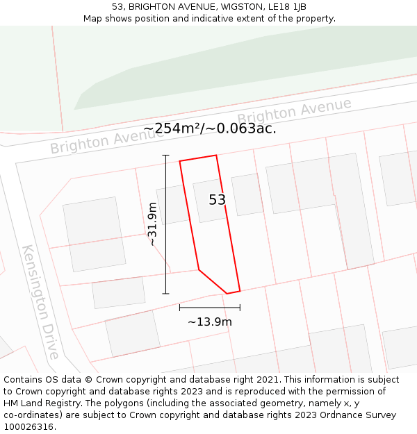 53, BRIGHTON AVENUE, WIGSTON, LE18 1JB: Plot and title map
