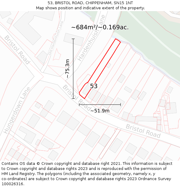 53, BRISTOL ROAD, CHIPPENHAM, SN15 1NT: Plot and title map