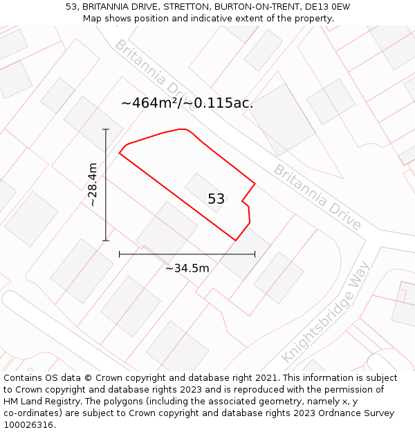 53, BRITANNIA DRIVE, STRETTON, BURTON-ON-TRENT, DE13 0EW: Plot and title map
