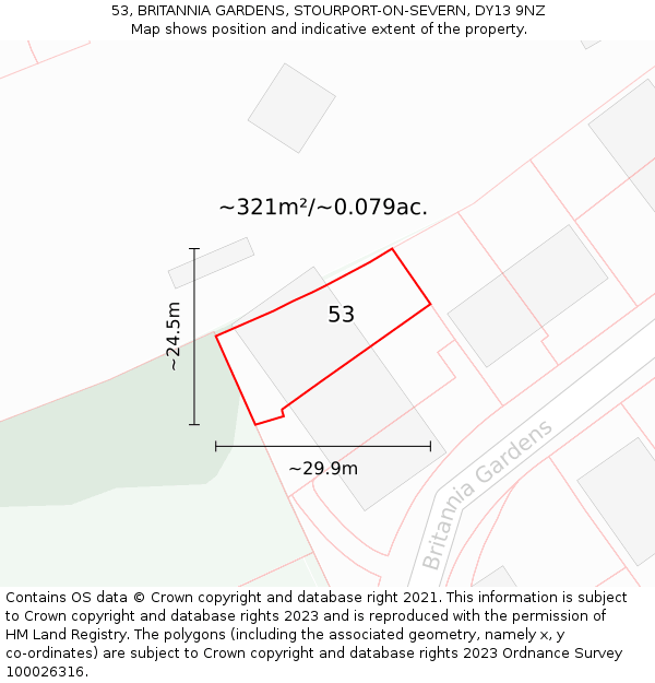53, BRITANNIA GARDENS, STOURPORT-ON-SEVERN, DY13 9NZ: Plot and title map