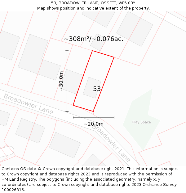 53, BROADOWLER LANE, OSSETT, WF5 0RY: Plot and title map
