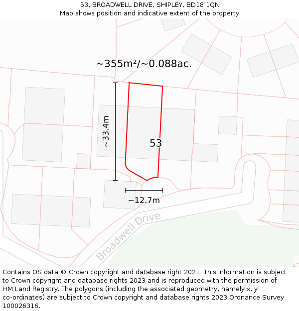 53, BROADWELL DRIVE, SHIPLEY, BD18 1QN: Plot and title map