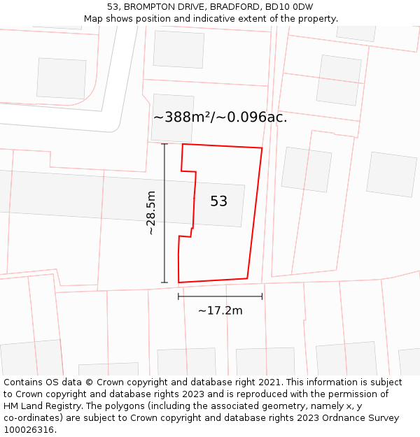 53, BROMPTON DRIVE, BRADFORD, BD10 0DW: Plot and title map
