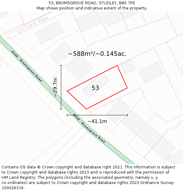 53, BROMSGROVE ROAD, STUDLEY, B80 7PE: Plot and title map