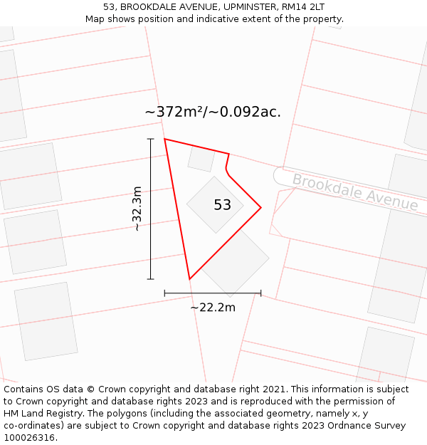 53, BROOKDALE AVENUE, UPMINSTER, RM14 2LT: Plot and title map