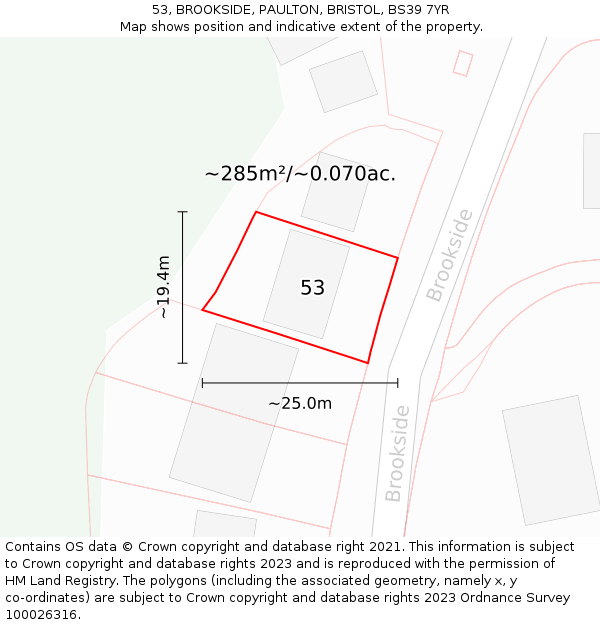 53, BROOKSIDE, PAULTON, BRISTOL, BS39 7YR: Plot and title map
