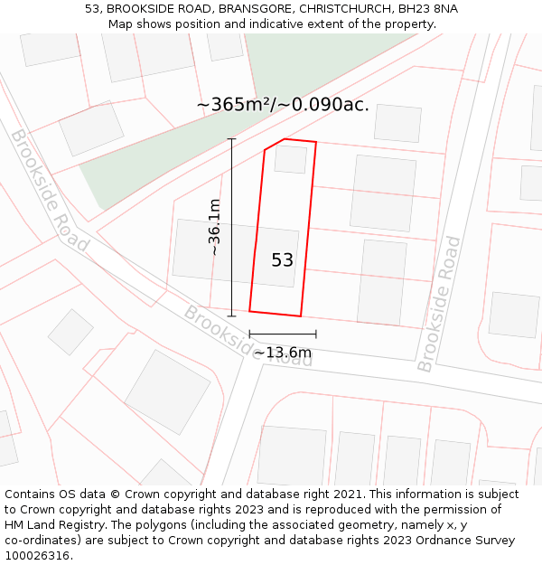 53, BROOKSIDE ROAD, BRANSGORE, CHRISTCHURCH, BH23 8NA: Plot and title map