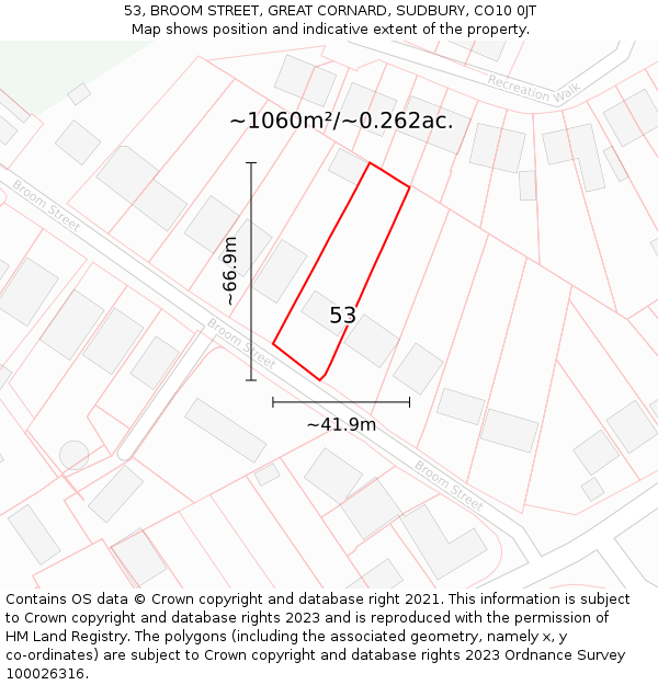 53, BROOM STREET, GREAT CORNARD, SUDBURY, CO10 0JT: Plot and title map