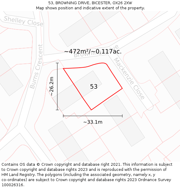53, BROWNING DRIVE, BICESTER, OX26 2XW: Plot and title map