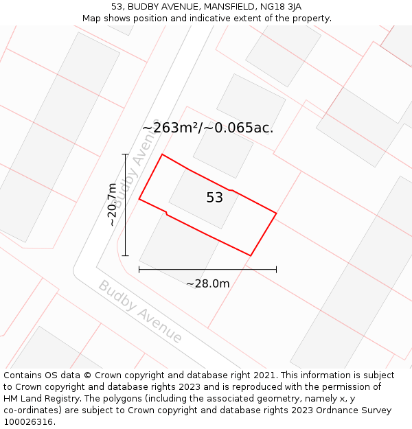 53, BUDBY AVENUE, MANSFIELD, NG18 3JA: Plot and title map