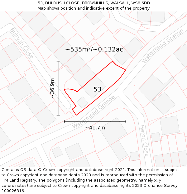 53, BULRUSH CLOSE, BROWNHILLS, WALSALL, WS8 6DB: Plot and title map
