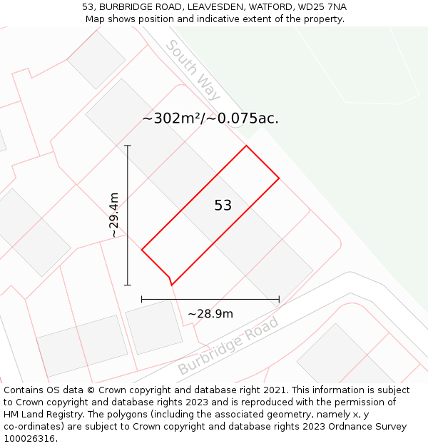53, BURBRIDGE ROAD, LEAVESDEN, WATFORD, WD25 7NA: Plot and title map