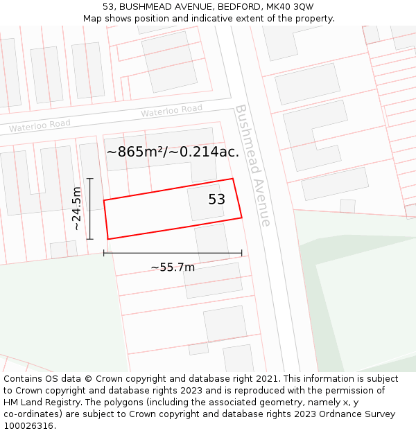 53, BUSHMEAD AVENUE, BEDFORD, MK40 3QW: Plot and title map