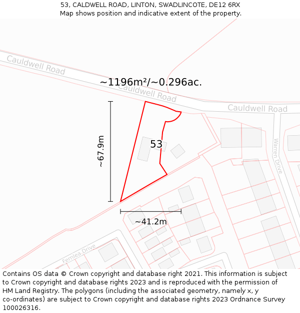53, CALDWELL ROAD, LINTON, SWADLINCOTE, DE12 6RX: Plot and title map