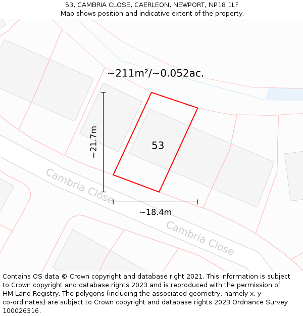 53, CAMBRIA CLOSE, CAERLEON, NEWPORT, NP18 1LF: Plot and title map