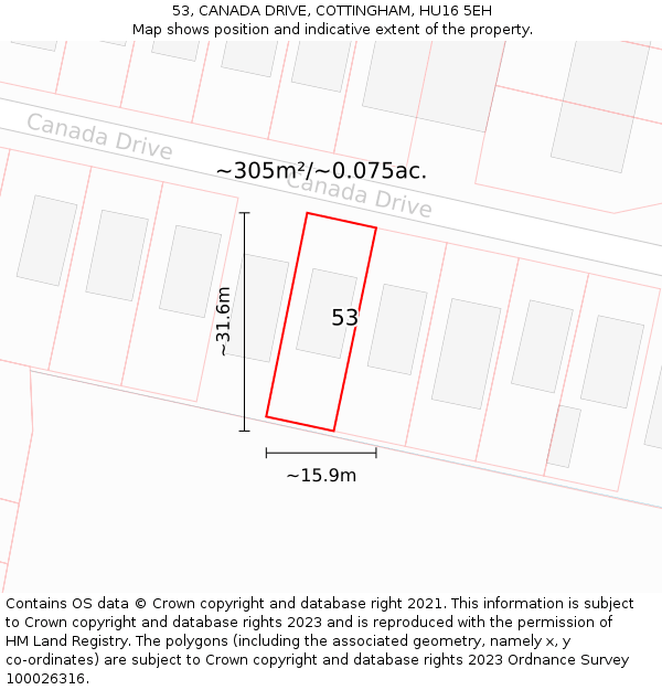 53, CANADA DRIVE, COTTINGHAM, HU16 5EH: Plot and title map