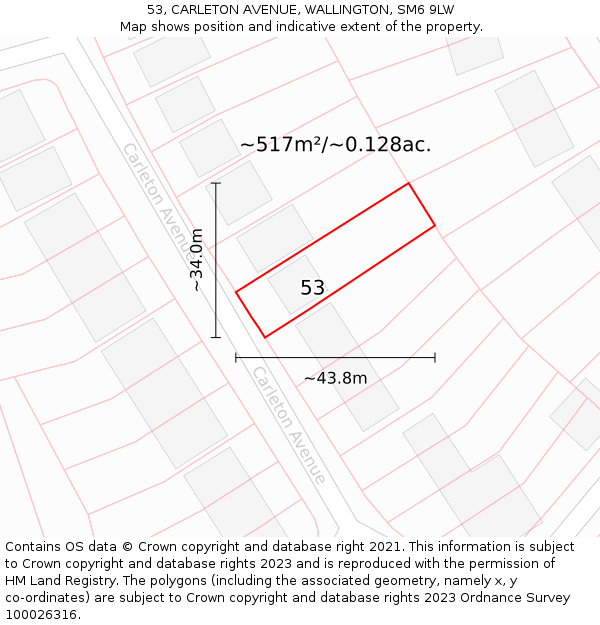 53, CARLETON AVENUE, WALLINGTON, SM6 9LW: Plot and title map