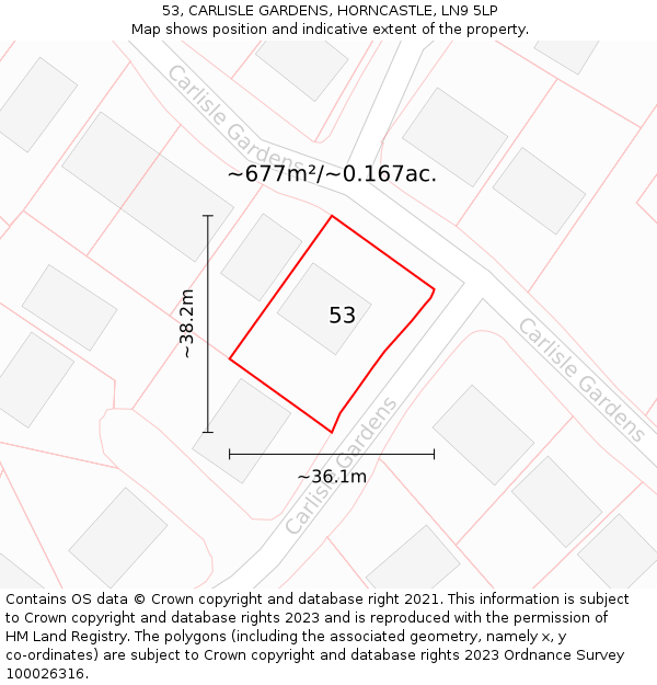 53, CARLISLE GARDENS, HORNCASTLE, LN9 5LP: Plot and title map