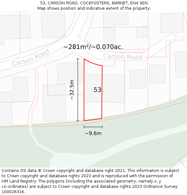 53, CARSON ROAD, COCKFOSTERS, BARNET, EN4 9EN: Plot and title map