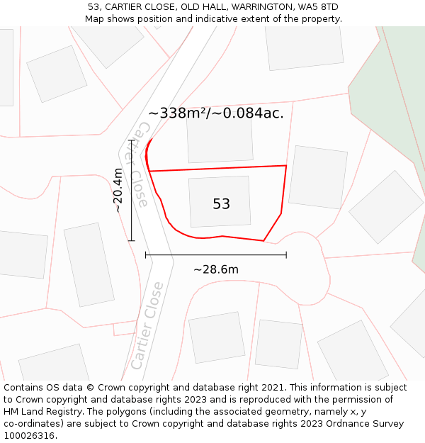 53, CARTIER CLOSE, OLD HALL, WARRINGTON, WA5 8TD: Plot and title map