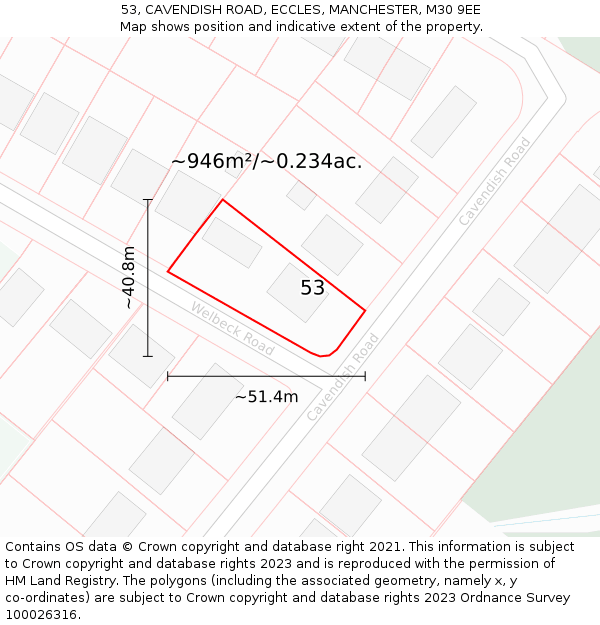 53, CAVENDISH ROAD, ECCLES, MANCHESTER, M30 9EE: Plot and title map