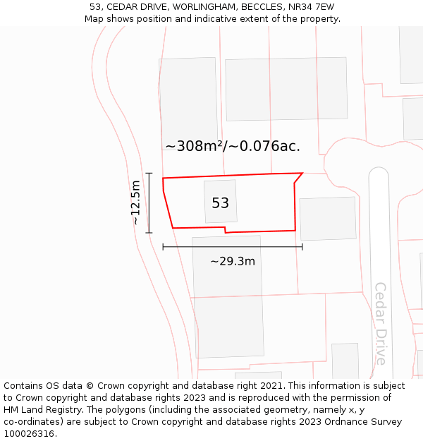 53, CEDAR DRIVE, WORLINGHAM, BECCLES, NR34 7EW: Plot and title map