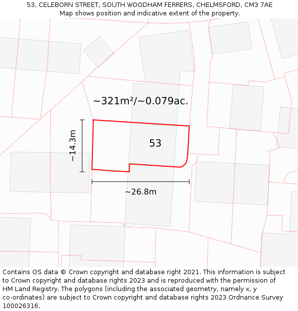 53, CELEBORN STREET, SOUTH WOODHAM FERRERS, CHELMSFORD, CM3 7AE: Plot and title map