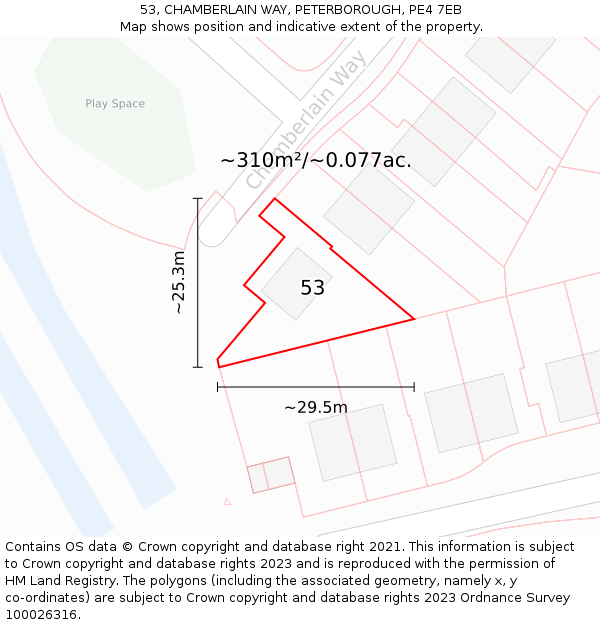 53, CHAMBERLAIN WAY, PETERBOROUGH, PE4 7EB: Plot and title map