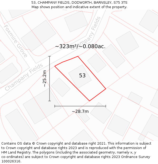 53, CHAMPANY FIELDS, DODWORTH, BARNSLEY, S75 3TS: Plot and title map