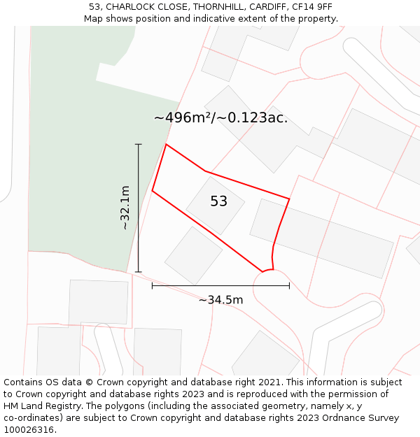53, CHARLOCK CLOSE, THORNHILL, CARDIFF, CF14 9FF: Plot and title map