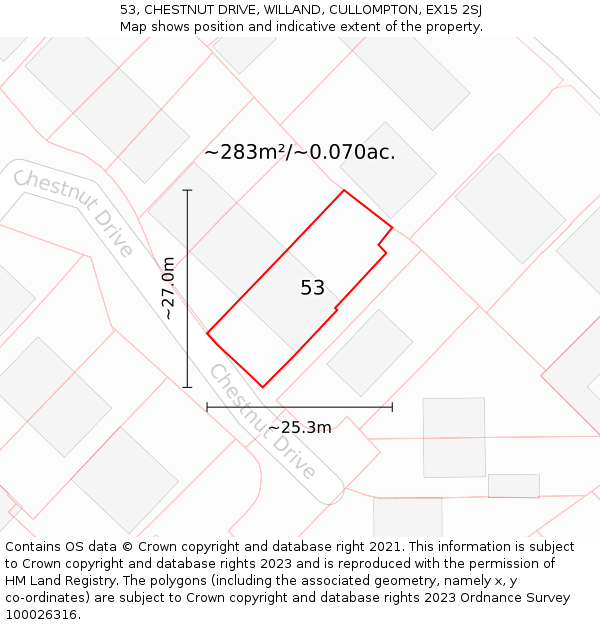 53, CHESTNUT DRIVE, WILLAND, CULLOMPTON, EX15 2SJ: Plot and title map