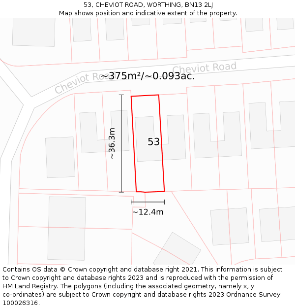 53, CHEVIOT ROAD, WORTHING, BN13 2LJ: Plot and title map