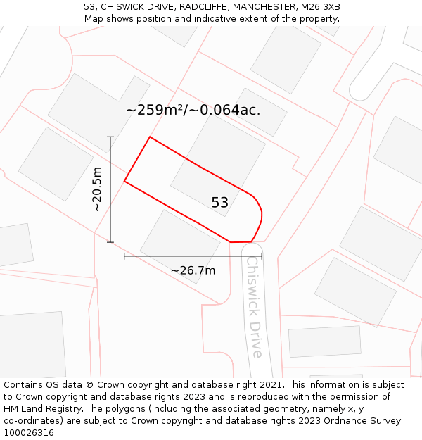 53, CHISWICK DRIVE, RADCLIFFE, MANCHESTER, M26 3XB: Plot and title map