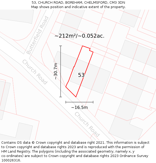 53, CHURCH ROAD, BOREHAM, CHELMSFORD, CM3 3DN: Plot and title map