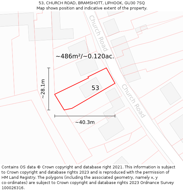 53, CHURCH ROAD, BRAMSHOTT, LIPHOOK, GU30 7SQ: Plot and title map