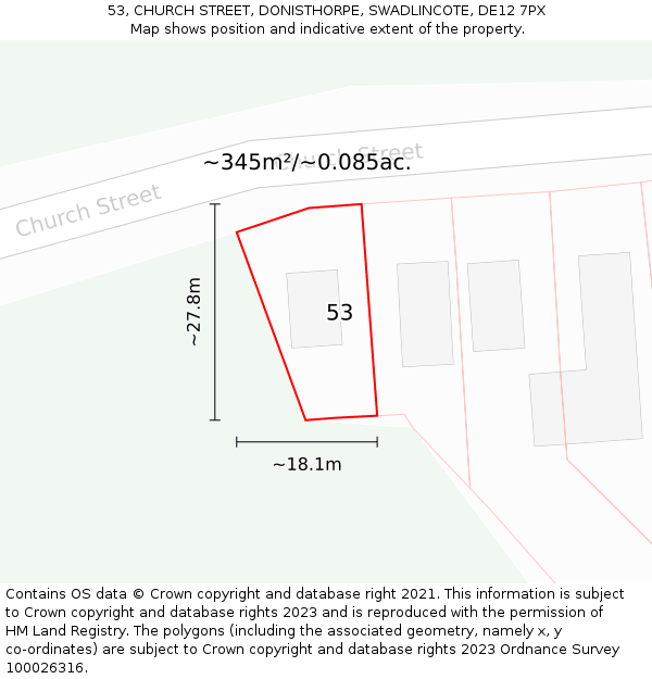 53, CHURCH STREET, DONISTHORPE, SWADLINCOTE, DE12 7PX: Plot and title map