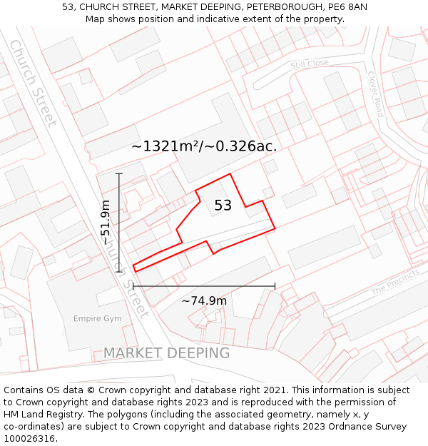 53, CHURCH STREET, MARKET DEEPING, PETERBOROUGH, PE6 8AN: Plot and title map