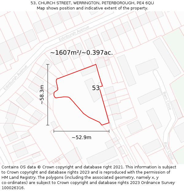 53, CHURCH STREET, WERRINGTON, PETERBOROUGH, PE4 6QU: Plot and title map