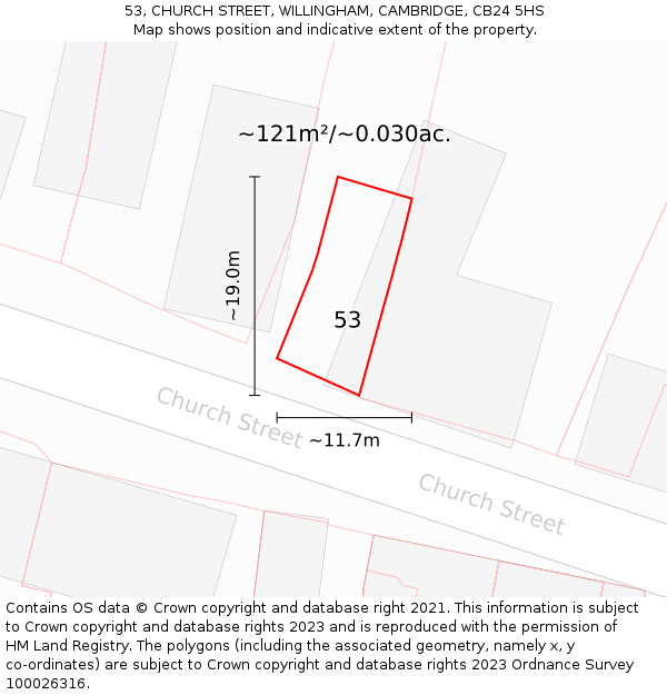 53, CHURCH STREET, WILLINGHAM, CAMBRIDGE, CB24 5HS: Plot and title map