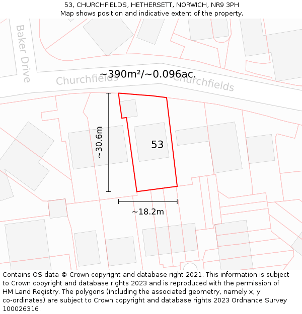53, CHURCHFIELDS, HETHERSETT, NORWICH, NR9 3PH: Plot and title map