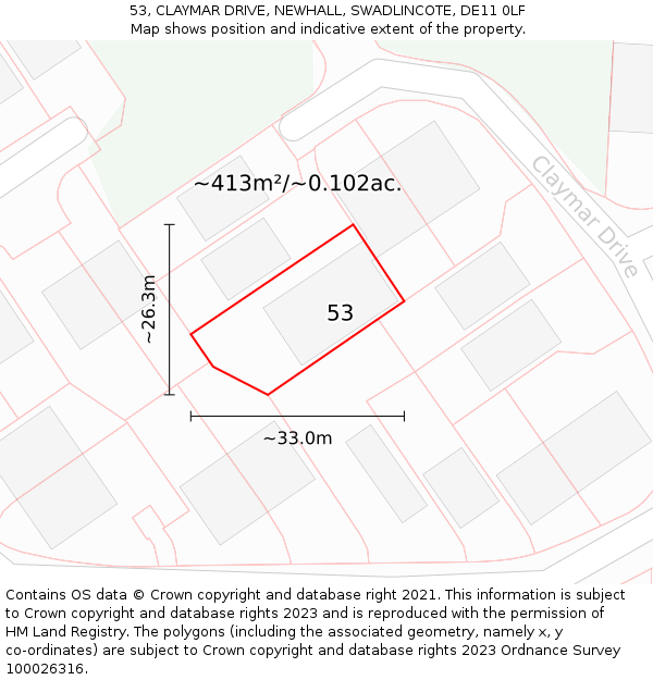 53, CLAYMAR DRIVE, NEWHALL, SWADLINCOTE, DE11 0LF: Plot and title map