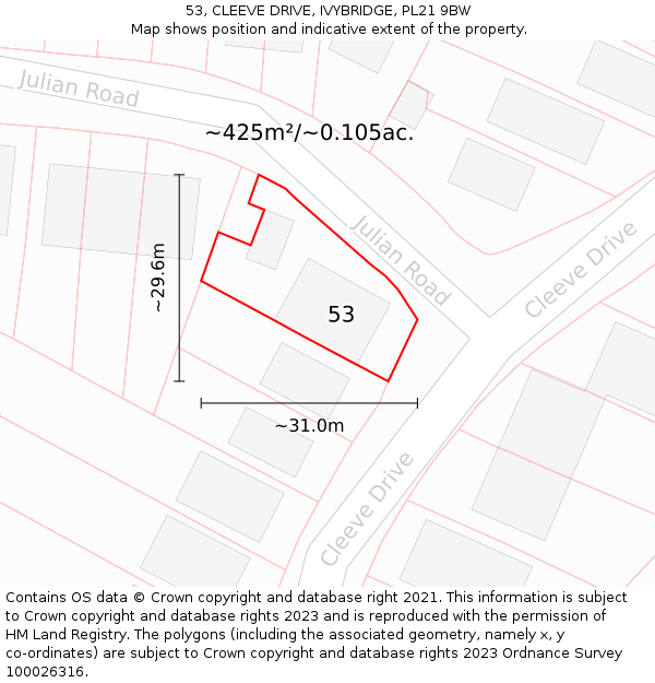 53, CLEEVE DRIVE, IVYBRIDGE, PL21 9BW: Plot and title map