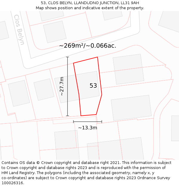 53, CLOS BELYN, LLANDUDNO JUNCTION, LL31 9AH: Plot and title map
