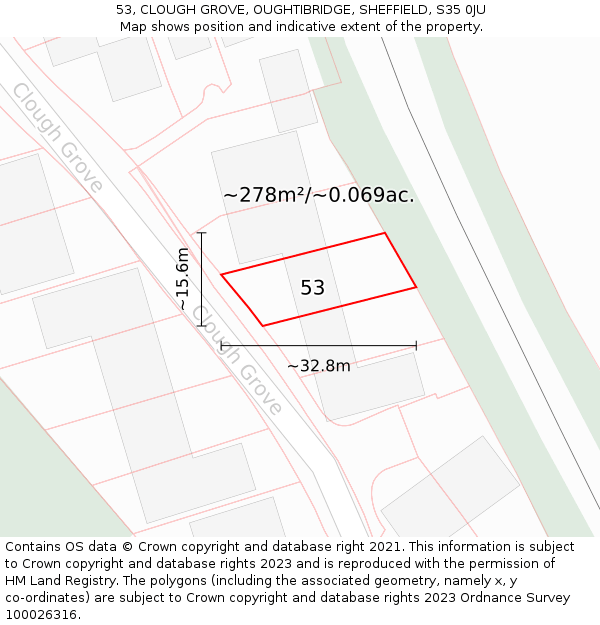 53, CLOUGH GROVE, OUGHTIBRIDGE, SHEFFIELD, S35 0JU: Plot and title map