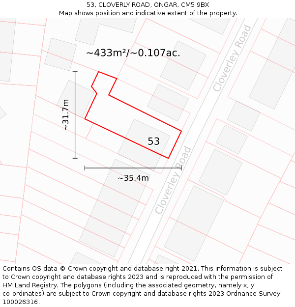 53, CLOVERLY ROAD, ONGAR, CM5 9BX: Plot and title map